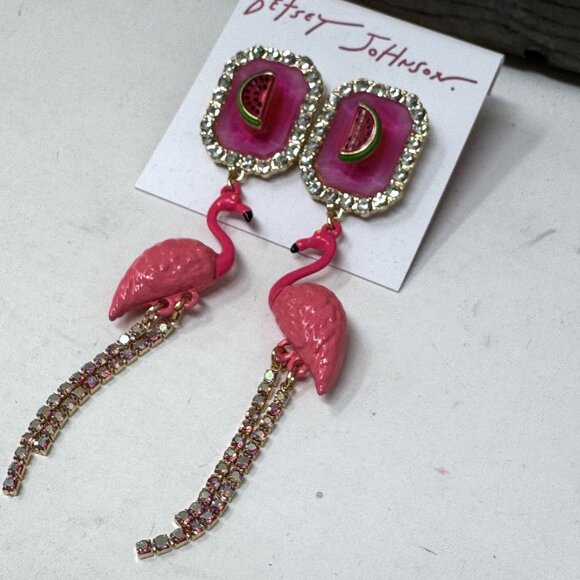 Betsey Johnson Flamingo Watermelon Statement Earrings With Rhinestone Accents - Picture 2 of 7
